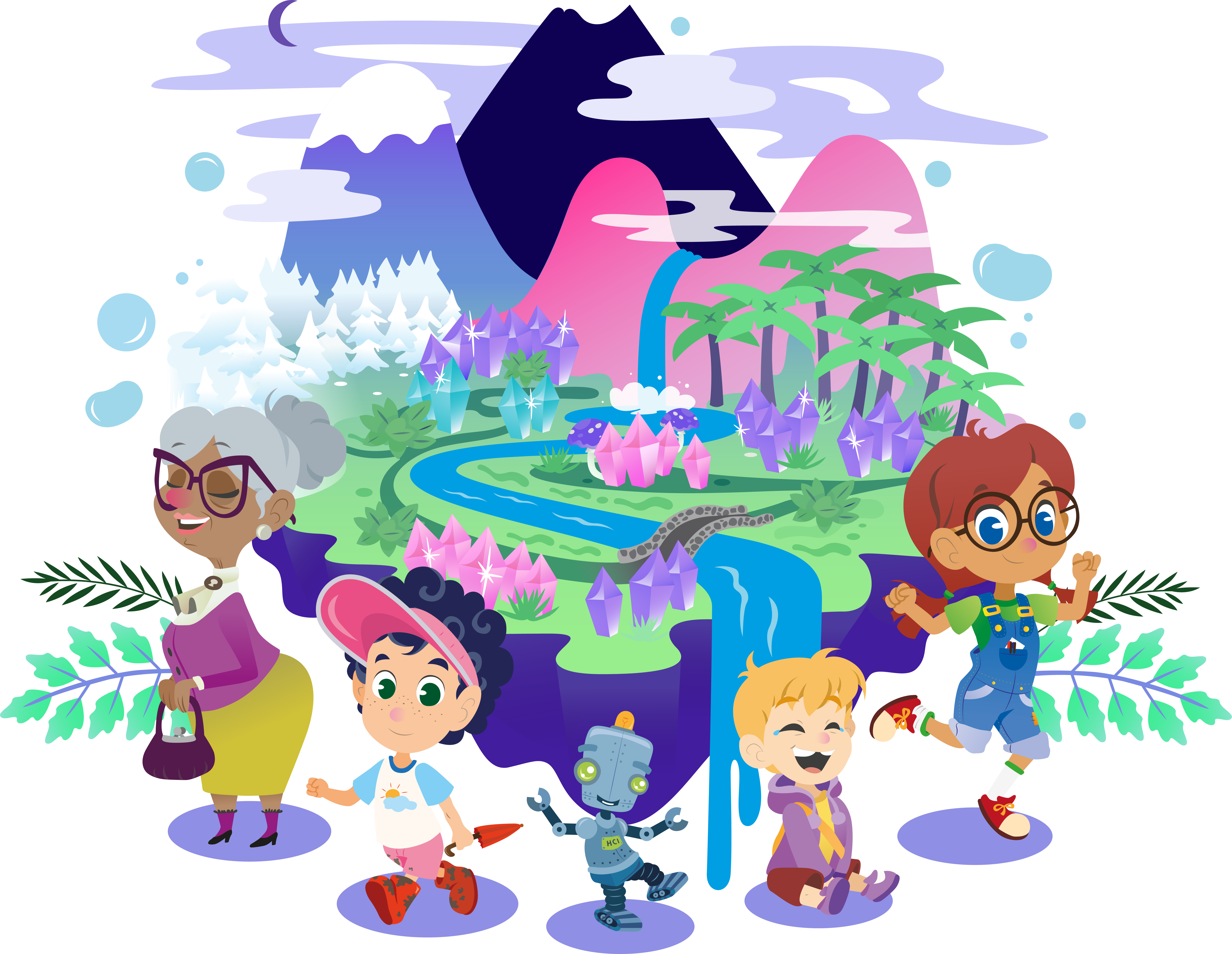 Supraland Characters - Mrs. Noblegas, Kelvin with a pink visor, Hoseli, Esther, Pi