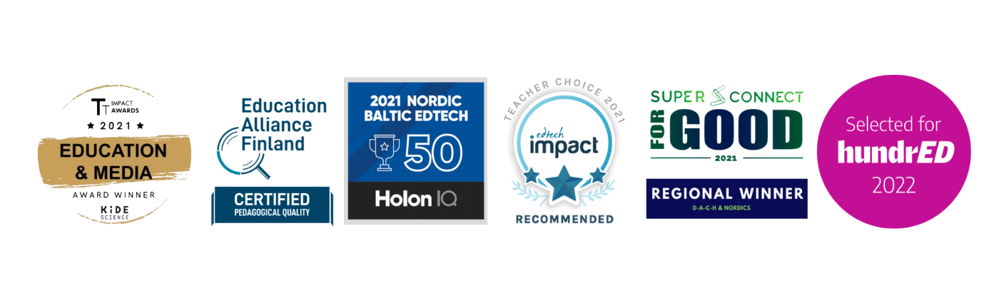 Award Icons - Top Tier Impact, Education Alliance Finland, HolonIQ top 50, Edtech Impact Teacher Choice, Superconnect for Good Regional Winner, HundrED honoree