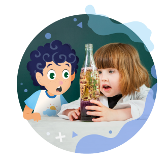 A child, accompanied by Kelvin, looking into a bottle surprised